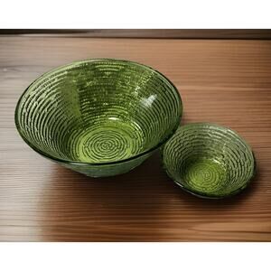 Vintage Anchor Hocking Soreno Glass Avocado Green Large Chip And Dip Bowls 8.25”